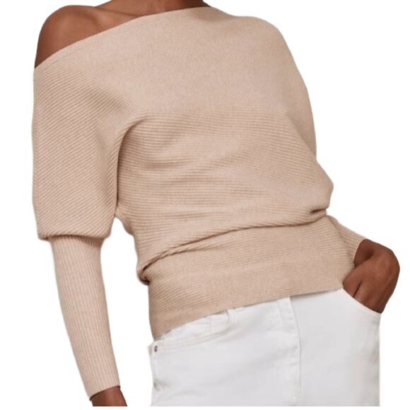 Reiss Lorna Asymmetric Draped Ribbed Sweater Oatmeal Beige Knit Top S - Picture 1 of 11